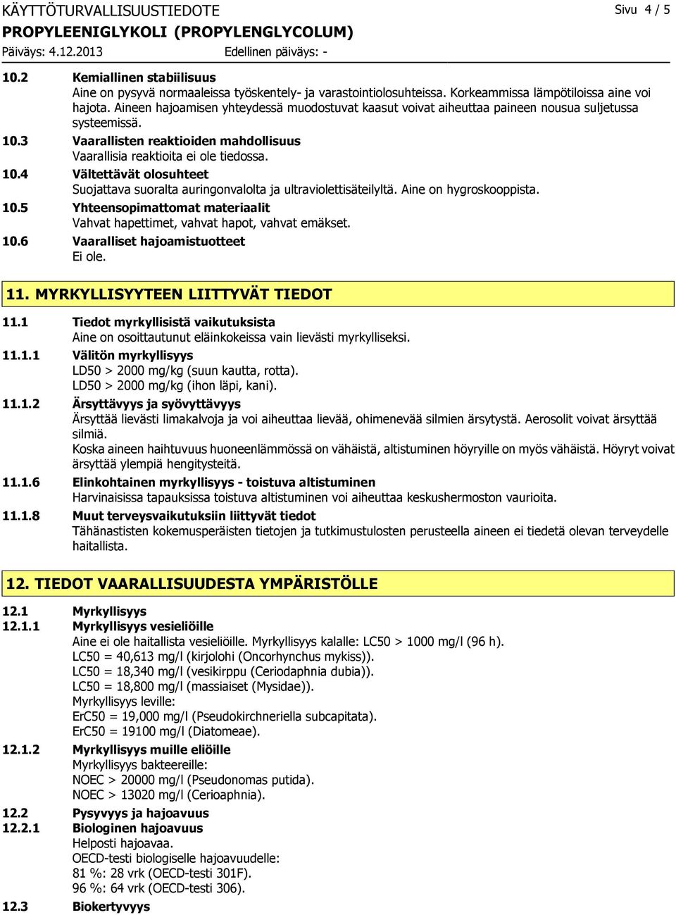 Aine on hygroskooppista. 10.5 Yhteensopimattomat materiaalit Vahvat hapettimet, vahvat hapot, vahvat emäkset. 10.6 Vaaralliset hajoamistuotteet Ei ole. 11. MYRKYLLISYYTEEN LIITTYVÄT TIEDOT 11.