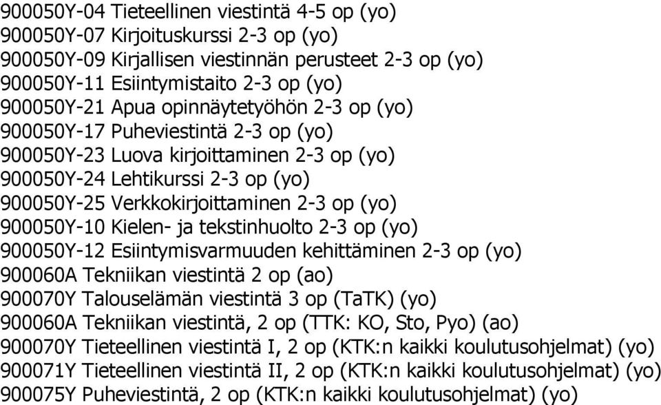 Kielen- ja tekstinhuolto 2-3 op (yo) 900050Y-12 Esiintymisvarmuuden kehittäminen 2-3 op (yo) 900060A Tekniikan viestintä 2 op (ao) 900070Y Talouselämän viestintä 3 op (TaTK) (yo) 900060A Tekniikan