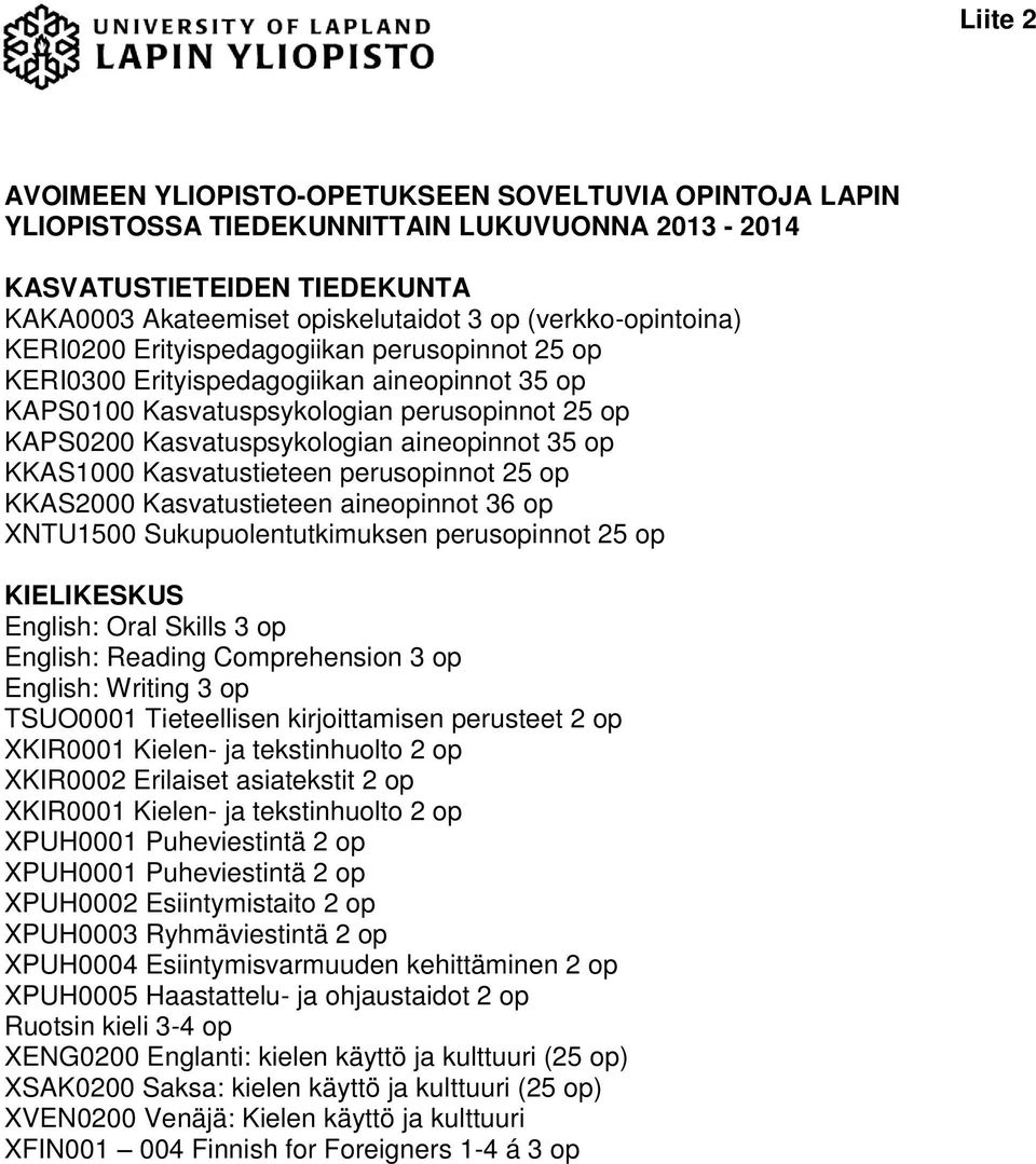 aineopinnot 35 op KKAS1000 Kasvatustieteen perusopinnot 25 op KKAS2000 Kasvatustieteen aineopinnot 36 op XNTU1500 Sukupuolentutkimuksen perusopinnot 25 op KIELIKESKUS English: Oral Skills 3 op