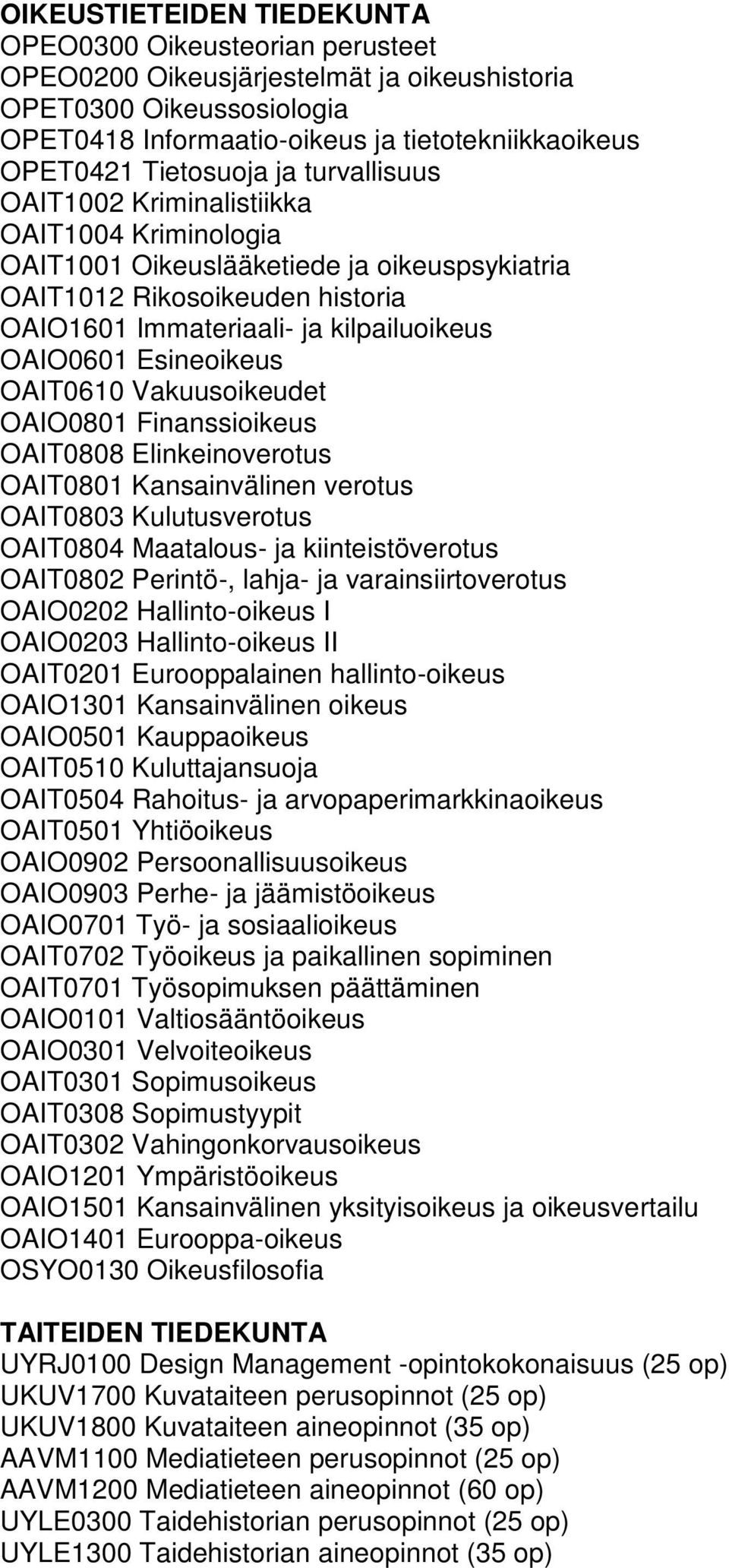 OAIO0601 Esineoikeus OAIT0610 Vakuusoikeudet OAIO0801 Finanssioikeus OAIT0808 Elinkeinoverotus OAIT0801 Kansainvälinen verotus OAIT0803 Kulutusverotus OAIT0804 Maatalous- ja kiinteistöverotus