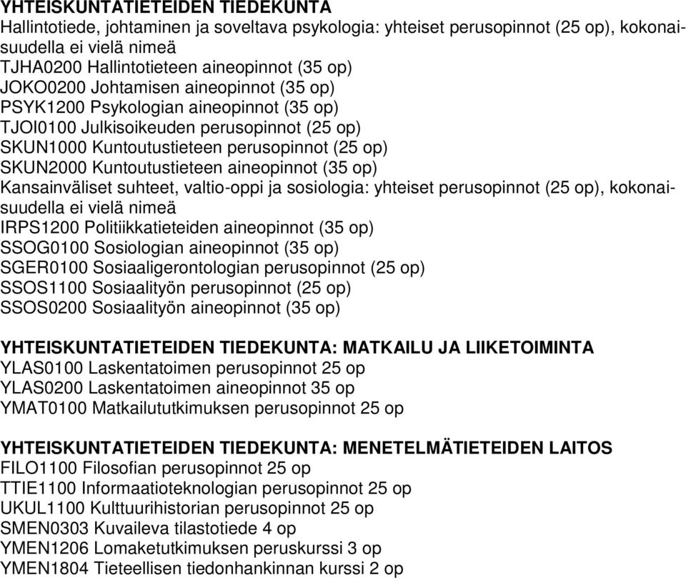 aineopinnot (35 op) Kansainväliset suhteet, valtio-oppi ja sosiologia: yhteiset perusopinnot (25 op), kokonaisuudella ei vielä nimeä IRPS1200 Politiikkatieteiden aineopinnot (35 op) SSOG0100