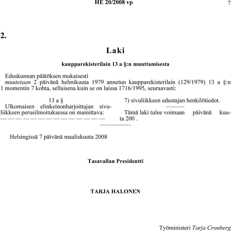 kaupparekisterilain (129/1979) 13 a :n 1 momentin 7 kohta, sellaisena kuin se on laissa 1716/1995, seuraavasti: 13 a Ulkomaisen