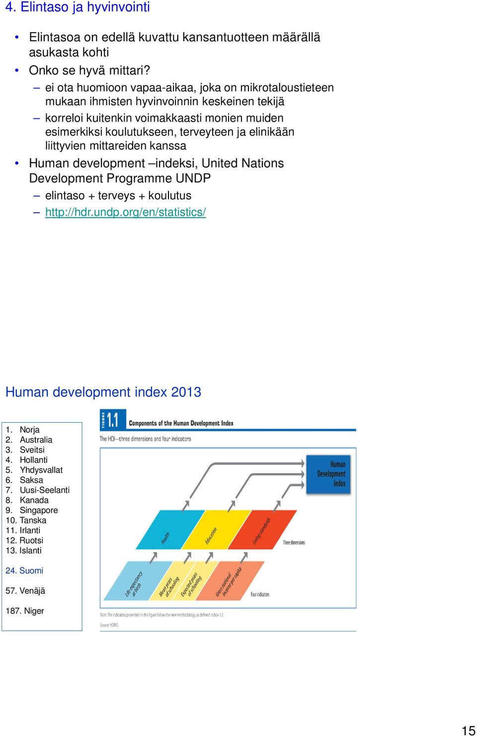 terveyteen ja elinikään liittyvien mittareiden kanssa Human development indeksi, United Nations Development Programme UNDP elintaso + terveys + koulutus http://hdr.undp.