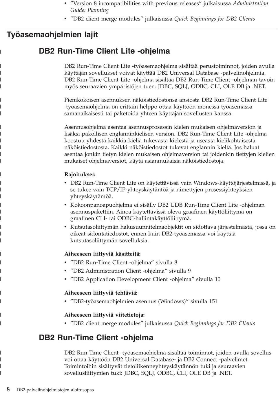 DB2 Run-Time Client Lite -ohjelma sisältää DB2 Run-Time Client -ohjelman taoin myös seuraaien ympäristöjen tuen: JDBC, SQLJ, ODBC, CLI, OLE DB ja.net.