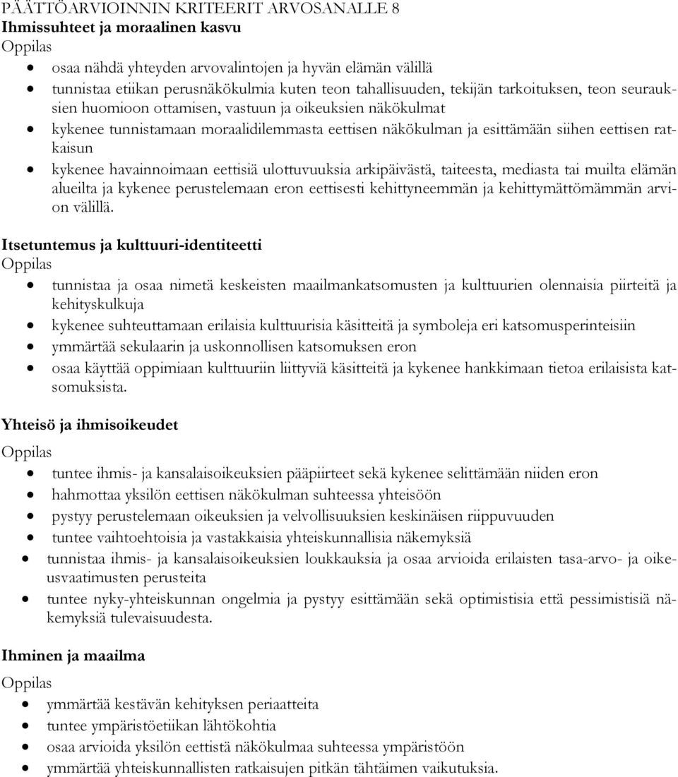 arkipäivästä, taiteesta, mediasta tai muilta elämän alueilta ja kykenee perustelemaan eron eettisesti kehittyneemmän ja kehittymättömämmän arvion välillä.