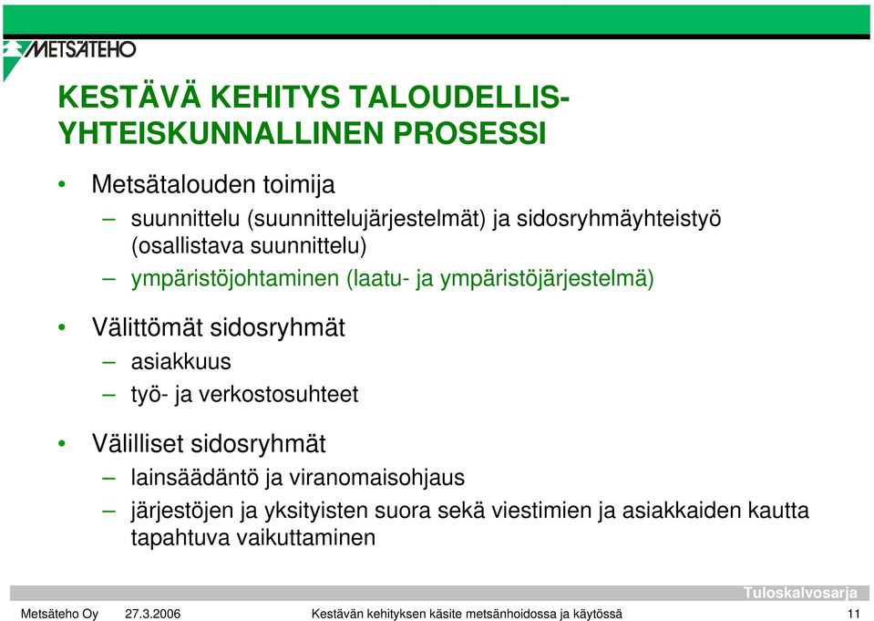 sidosryhmät asiakkuus työ- ja verkostosuhteet Välilliset sidosryhmät lainsäädäntö ja viranomaisohjaus järjestöjen ja