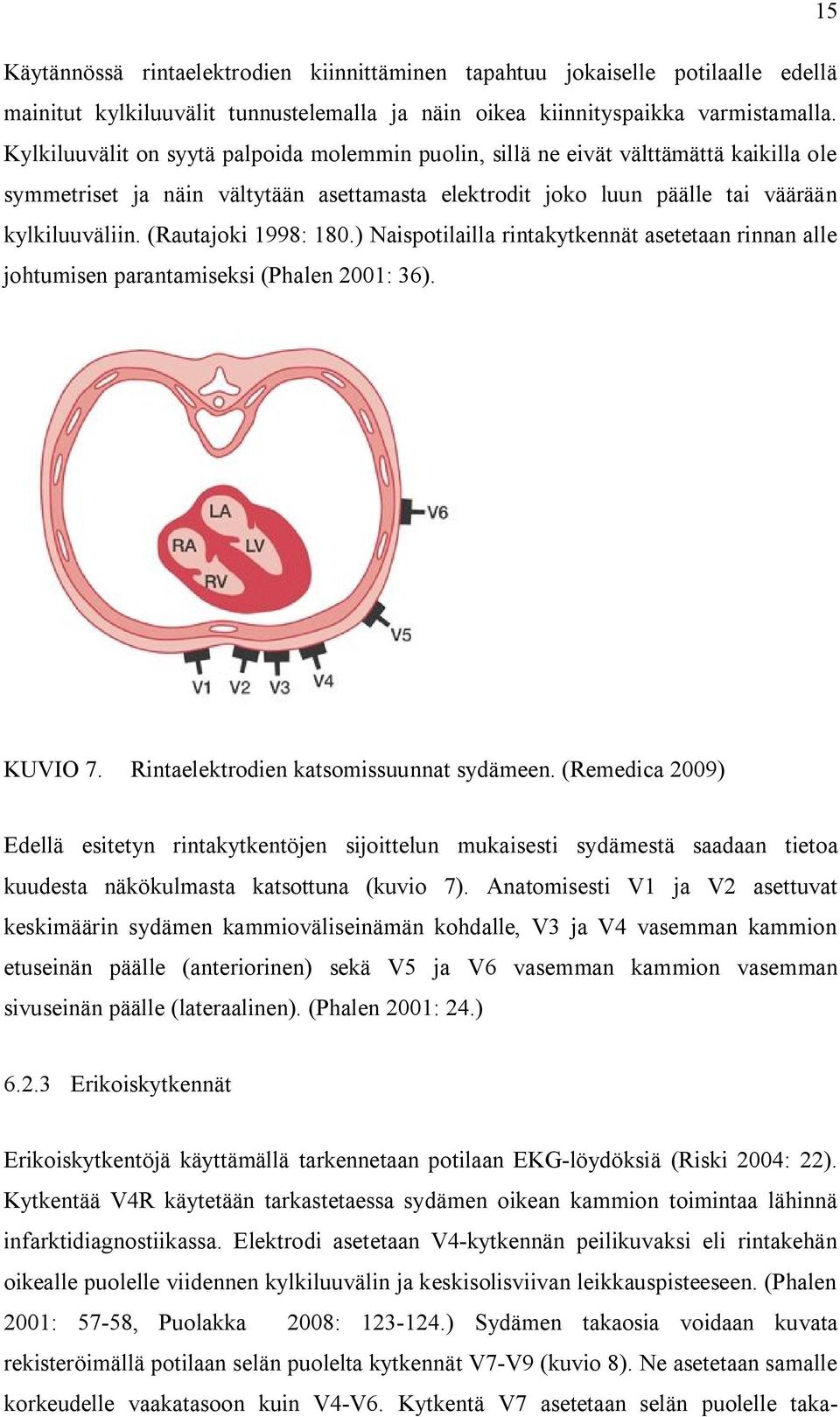 (Rautajoki 1998: 180.) Naispotilailla rintakytkennät asetetaan rinnan alle johtumisen parantamiseksi (Phalen 2001: 36). KUVIO 7. Rintaelektrodien katsomissuunnat sydämeen.