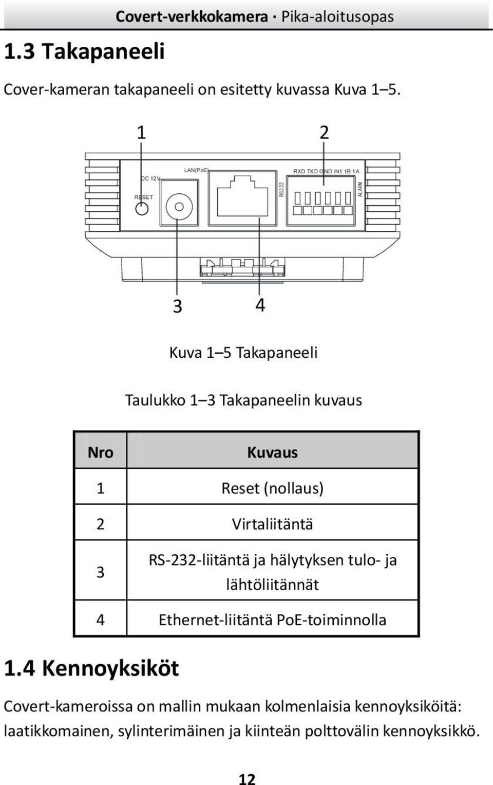 1 Reset (nollaus) 2 Virtaliitäntä 3 RS-232-liitäntä ja hälytyksen tulo- ja lähtöliitännät 1.