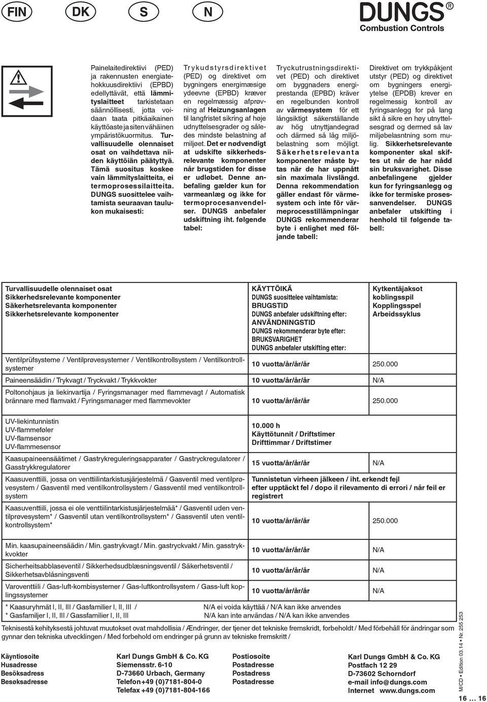 DUNGS suosittelee vaihtamista seuraavan taulukon mukaisesti: Trykudstyrsdirektivet (PED) og direktivet om bygningers energimæsige ydeevne (EPBD) kræver en regelmæssig afprøvning af Heizungsanlagen