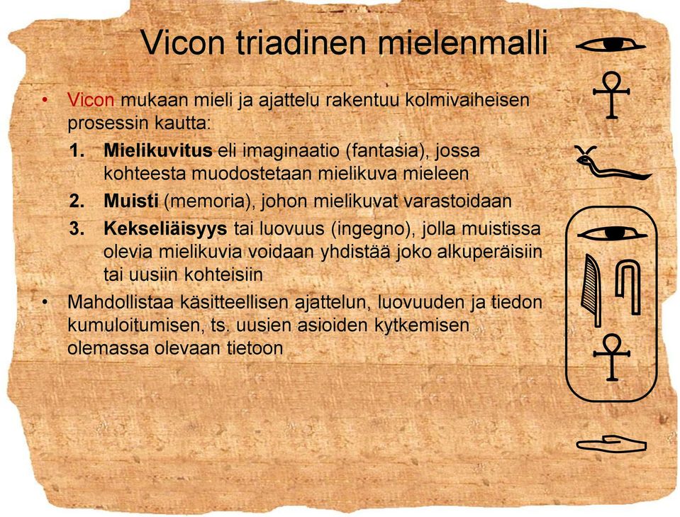 Muisti (memoria), johon mielikuvat varastoidaan 3.