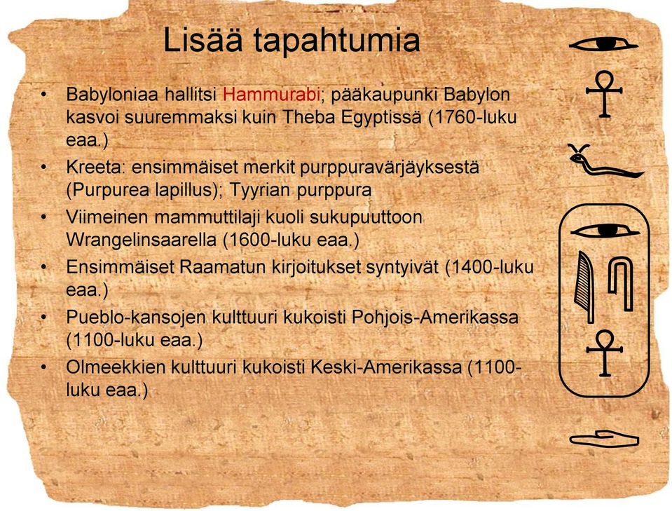 sukupuuttoon Wrangelinsaarella (1600-luku eaa.) Ensimmäiset Raamatun kirjoitukset syntyivät (1400-luku eaa.