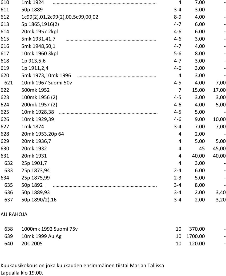 00 17,00 623 100mk 1956 (2) 4-5 3.00 3,00 624 200mk 1957 (2) 4-6 4.00 5,00 625 10mk 1928,38. 4-5 5.00-626 10mk 1929,39 4-6 9.00 10,00 627 1mk 1874 3-4 7.00 7,00 628 20mk 1953,20p 64 4 2.