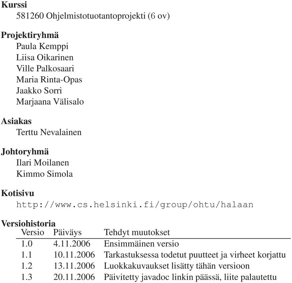 fi/group/ohtu/halaan Versiohistoria Versio Päiväys Tehdyt muutokset 1.0 4.11.