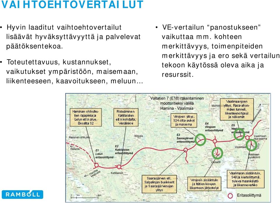 Toteutettavuus, kustannukset, vaikutukset ympäristöön, maisemaan, liikenteeseen,