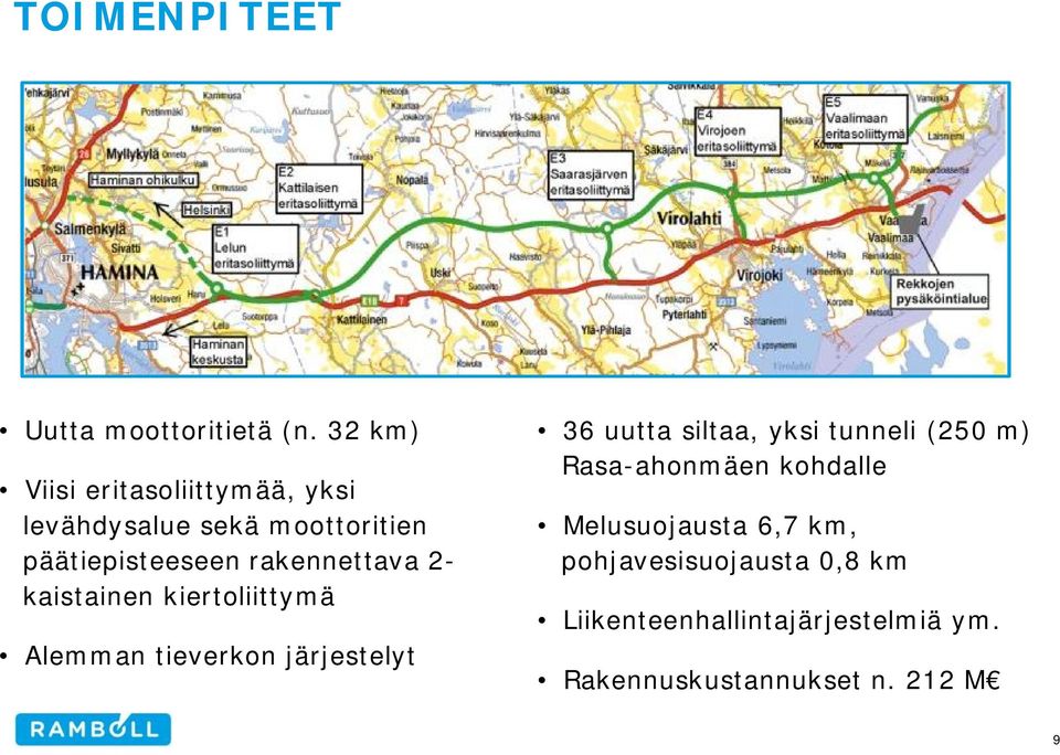 rakennettava 2- kaistainen kiertoliittymä Alemman tieverkon järjestelyt 36 uutta siltaa,