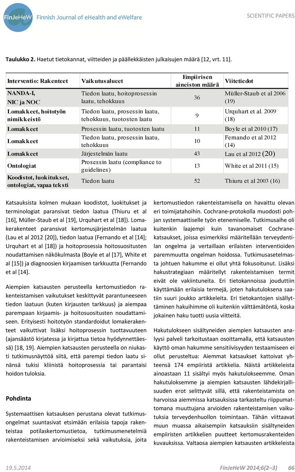 Empiirisen aineiston määrä Viitetiedot Müller-Staub et al 2006 (19) Lomakkeet Prosessin laatu, tuotosten laatu 11 Boyle et al 2010 (17) Lomakkeet Tiedon laatu, prosessin laatu, Fernando et al 2012 10