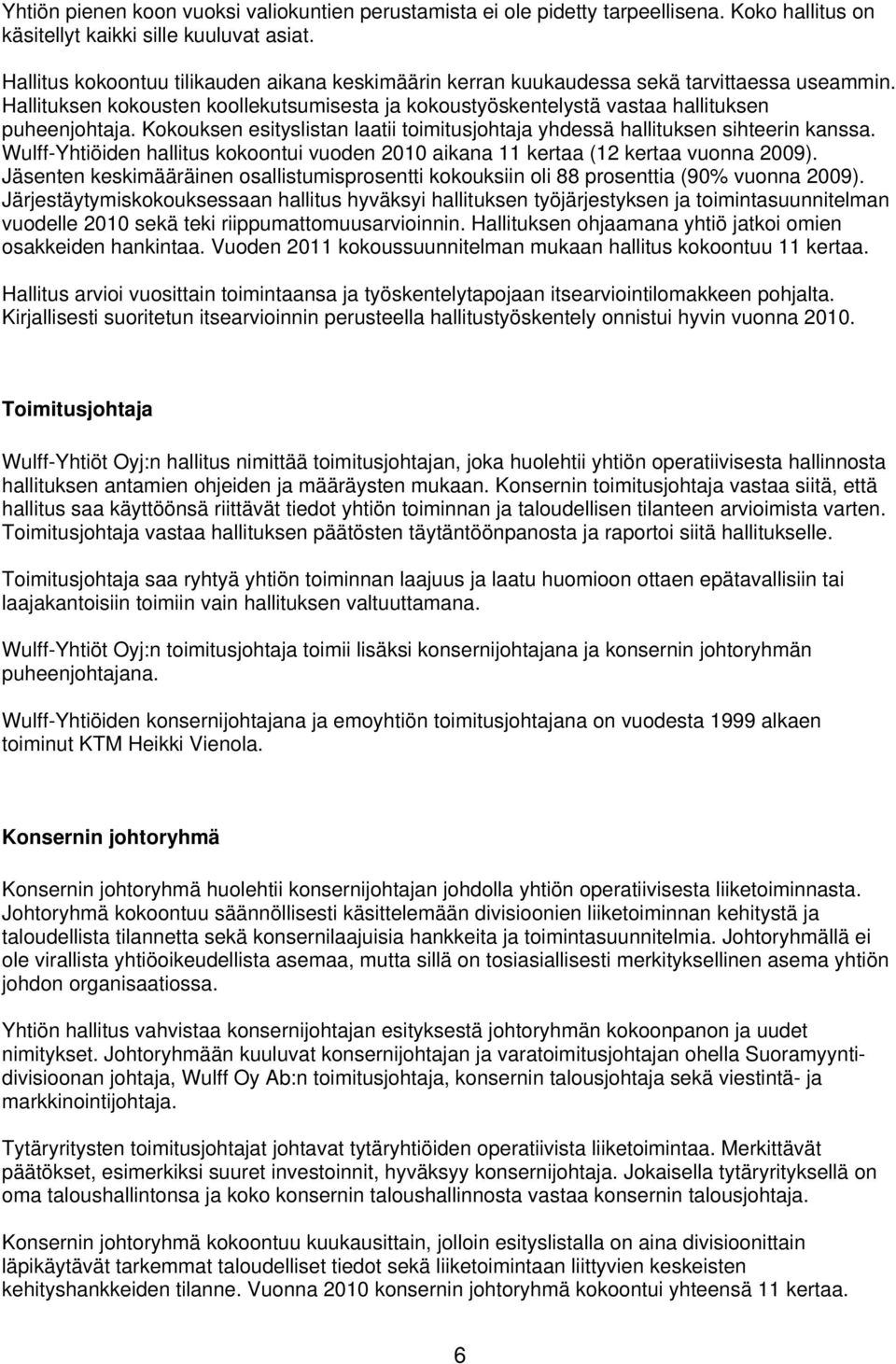 Kokouksen esityslistan laatii toimitusjohtaja yhdessä hallituksen sihteerin kanssa. Wulff-Yhtiöiden hallitus kokoontui vuoden 2010 aikana 11 kertaa (12 kertaa vuonna 2009).