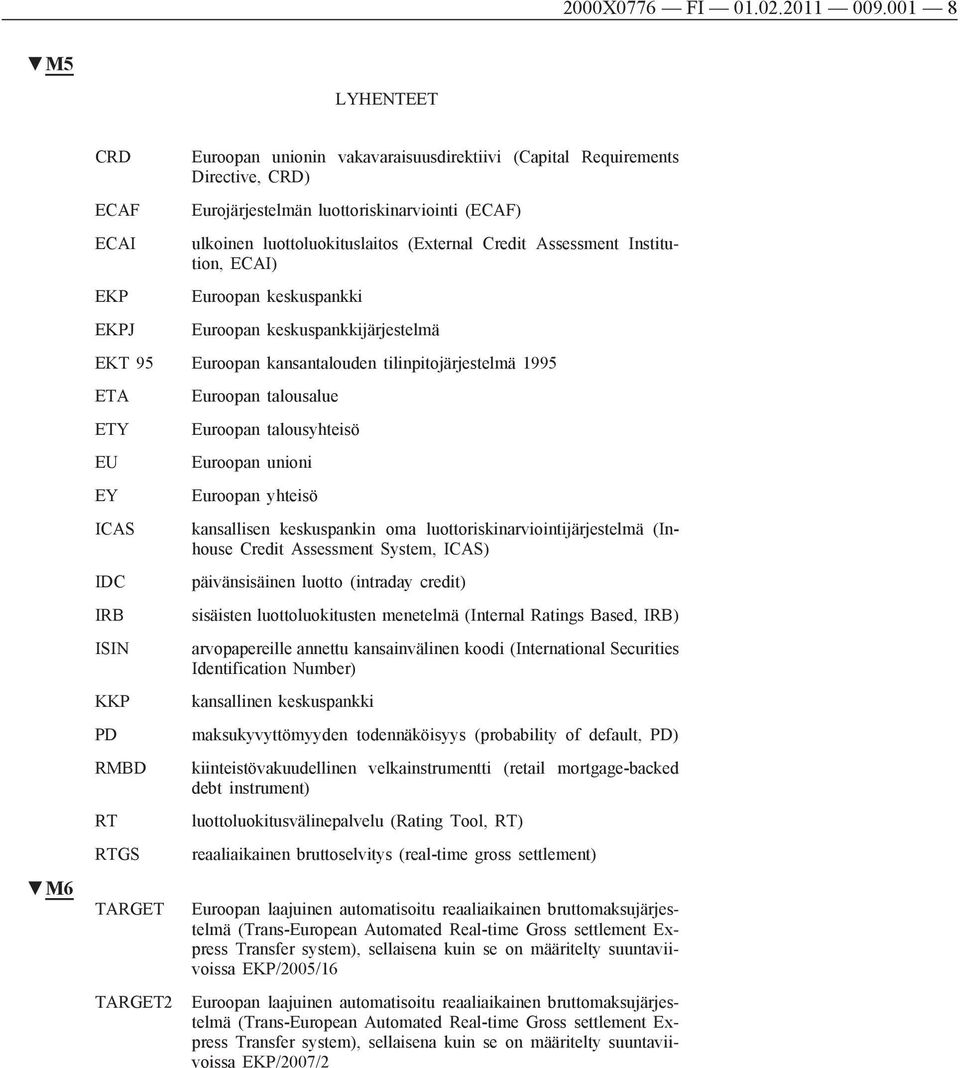 Credit Assessment Institution, ECAI) EKP Euroopan keskuspankki EKPJ Euroopan keskuspankkijärjestelmä EKT 95 Euroopan kansantalouden tilinpitojärjestelmä 1995 ETA Euroopan talousalue ETY Euroopan