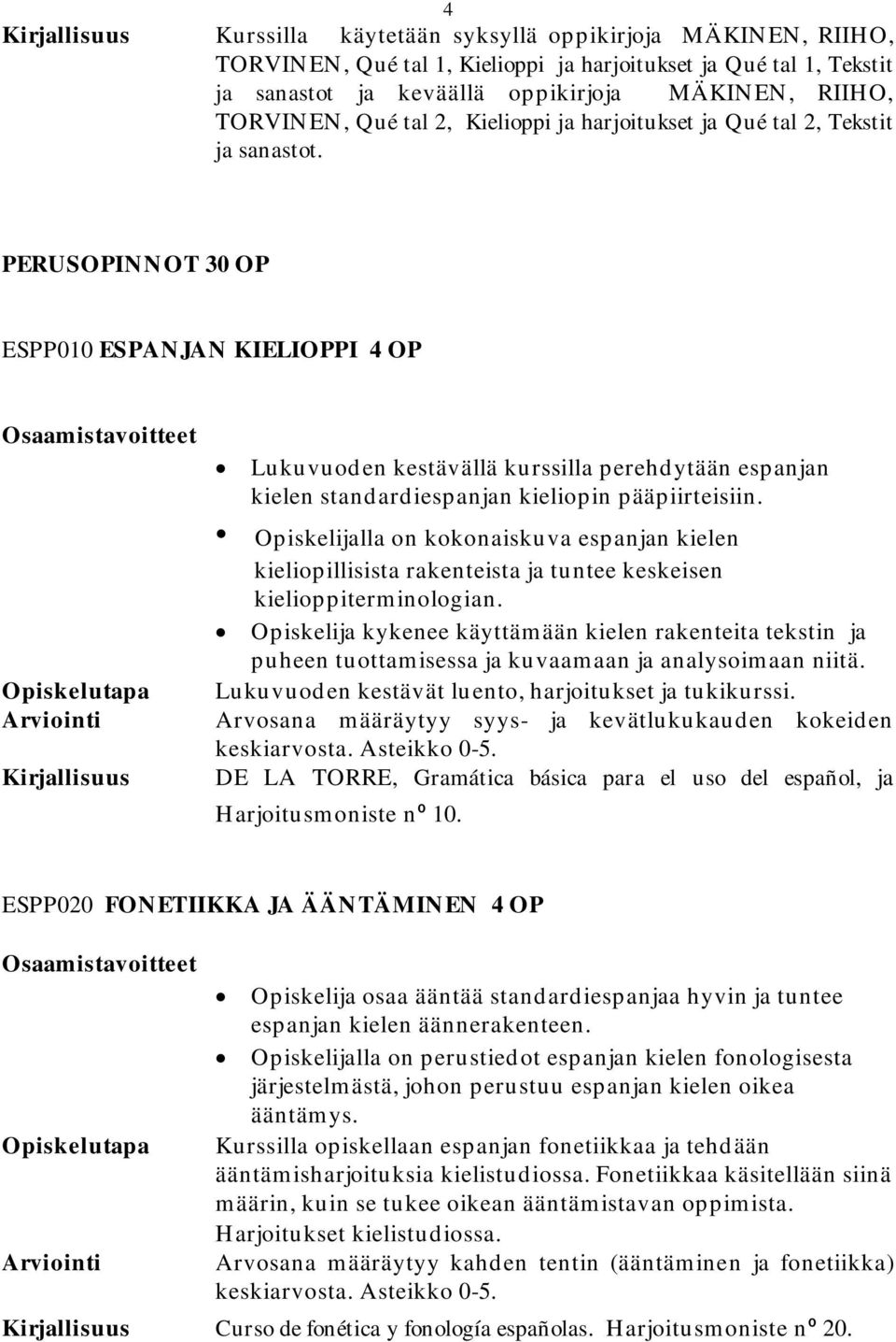 PERUSOPINNOT 30 OP ESPP010 ESPANJAN KIELIOPPI 4 OP Opiskelutapa Arviointi Kirjallisuus Lukuvuoden kestävällä kurssilla perehdytään espanjan kielen standardiespanjan kieliopin pääpiirteisiin.