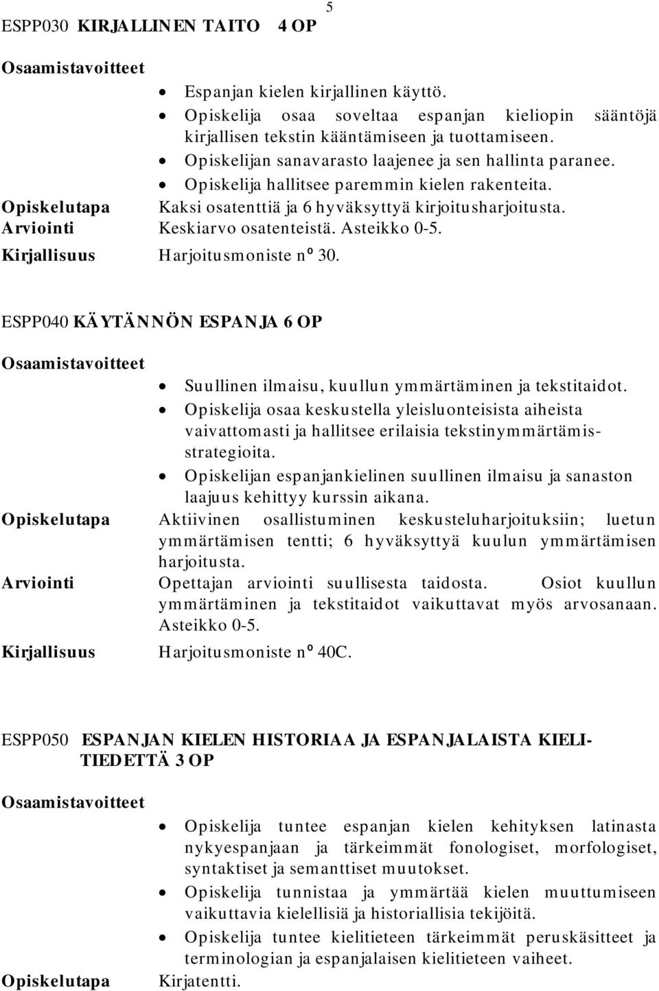 Arviointi Keskiarvo osatenteistä. Asteikko 0-5. Kirjallisuus Harjoitusmoniste nº 30. ESPP040 KÄYTÄNNÖN ESPANJA 6 OP Suullinen ilmaisu, kuullun ymmärtäminen ja tekstitaidot.