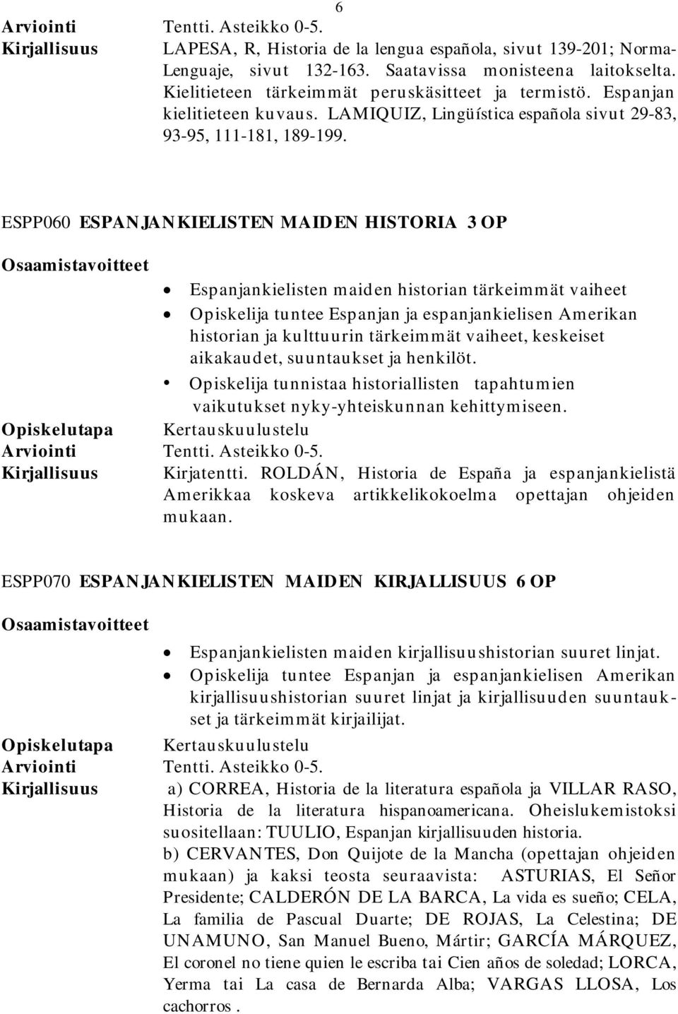 ESPP060 ESPANJANKIELISTEN MAIDEN HISTORIA 3 OP Espanjankielisten maiden historian tärkeimmät vaiheet Opiskelija tuntee Espanjan ja espanjankielisen Amerikan historian ja kulttuurin tärkeimmät