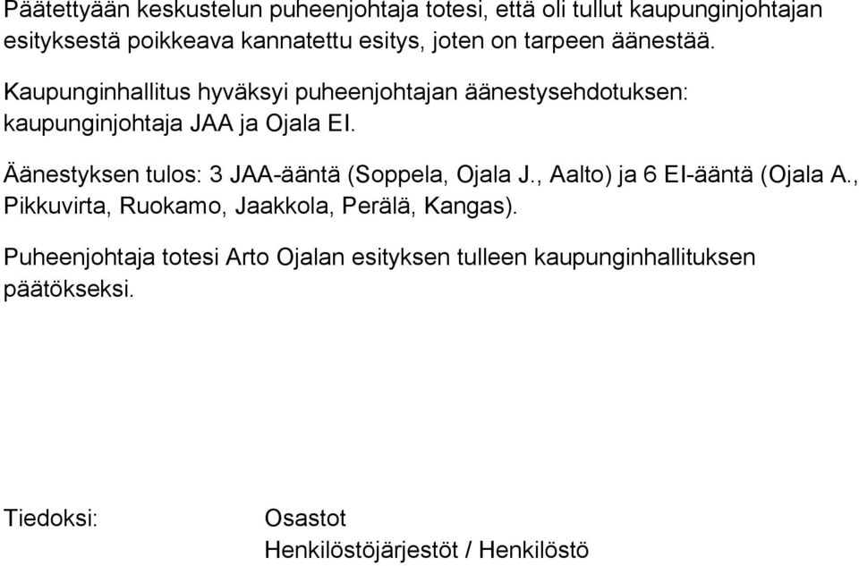 Äänestyksen tulos: 3 JAA-ääntä (Soppela, Ojala J., Aalto) ja 6 EI-ääntä (Ojala A.