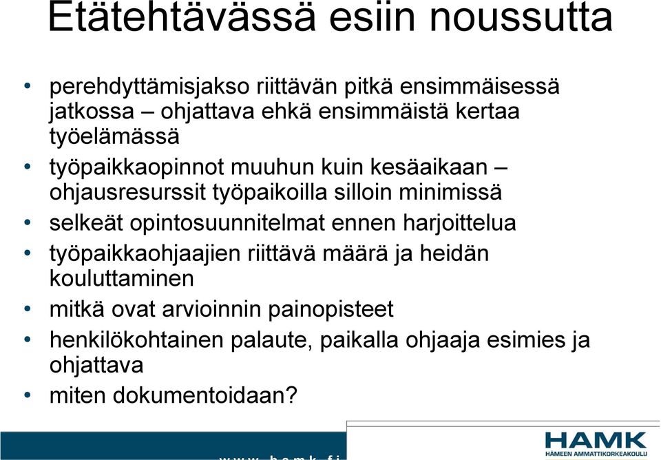 minimissä selkeät opintosuunnitelmat ennen harjoittelua työpaikkaohjaajien riittävä määrä ja heidän