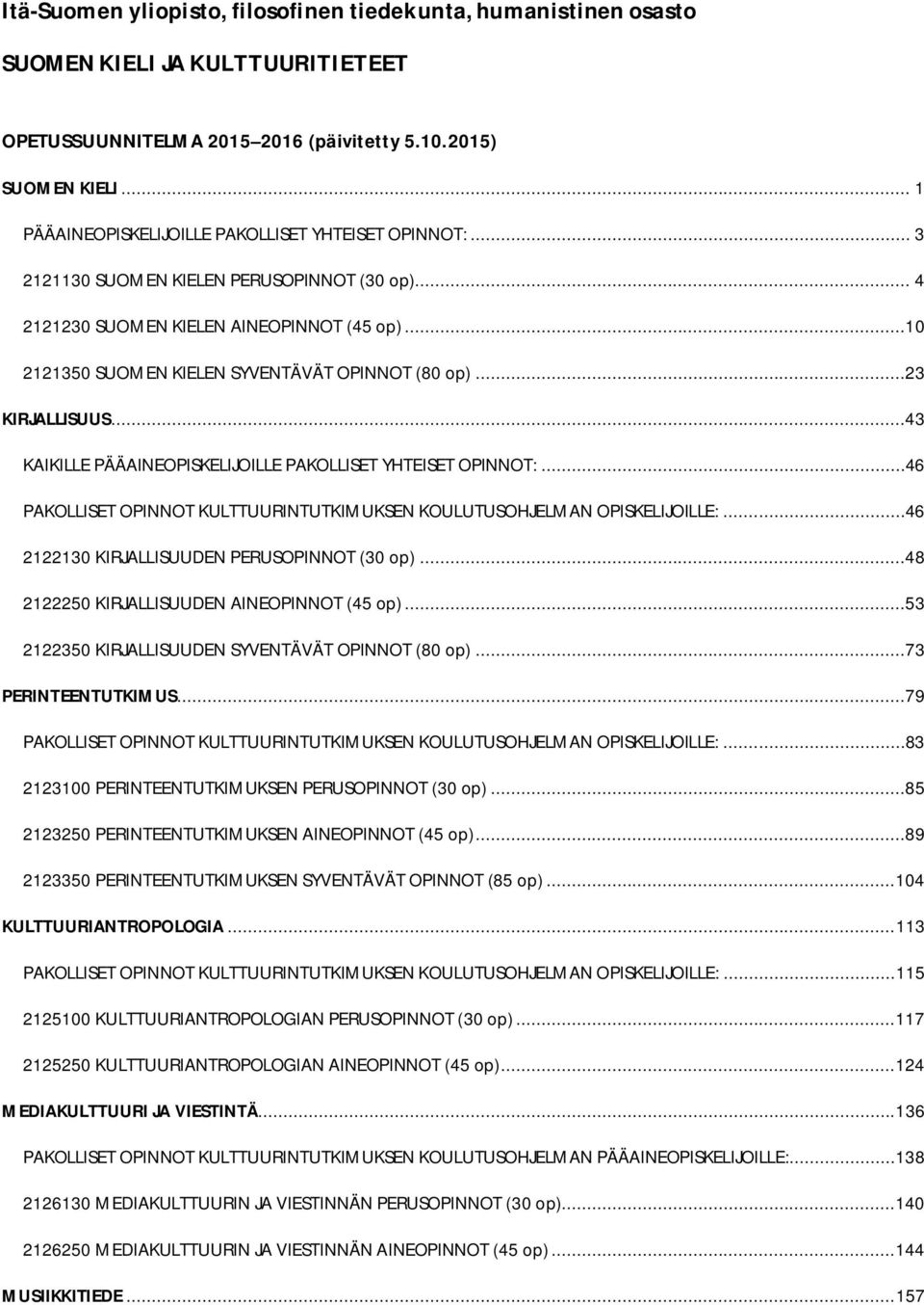 ..10 2121350 SUOMEN KIELEN SYVENTÄVÄT OPINNOT (80 op)...23 KIRJALLISUUS...43 KAIKILLE PÄÄAINEOPISKELIJOILLE PAKOLLISET YHTEISET OPINNOT:.