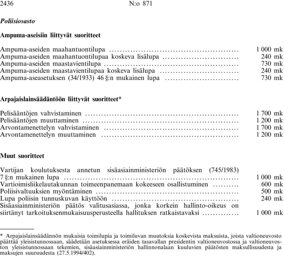 .. 730 mk Arpajaislainsäädäntöön liittyvät suoritteet* Pelisääntöjen vahvistaminen... 1700 mk Pelisääntöjen muuttaminen... 1200 mk Arvontamenettelyn vahvistaminen.