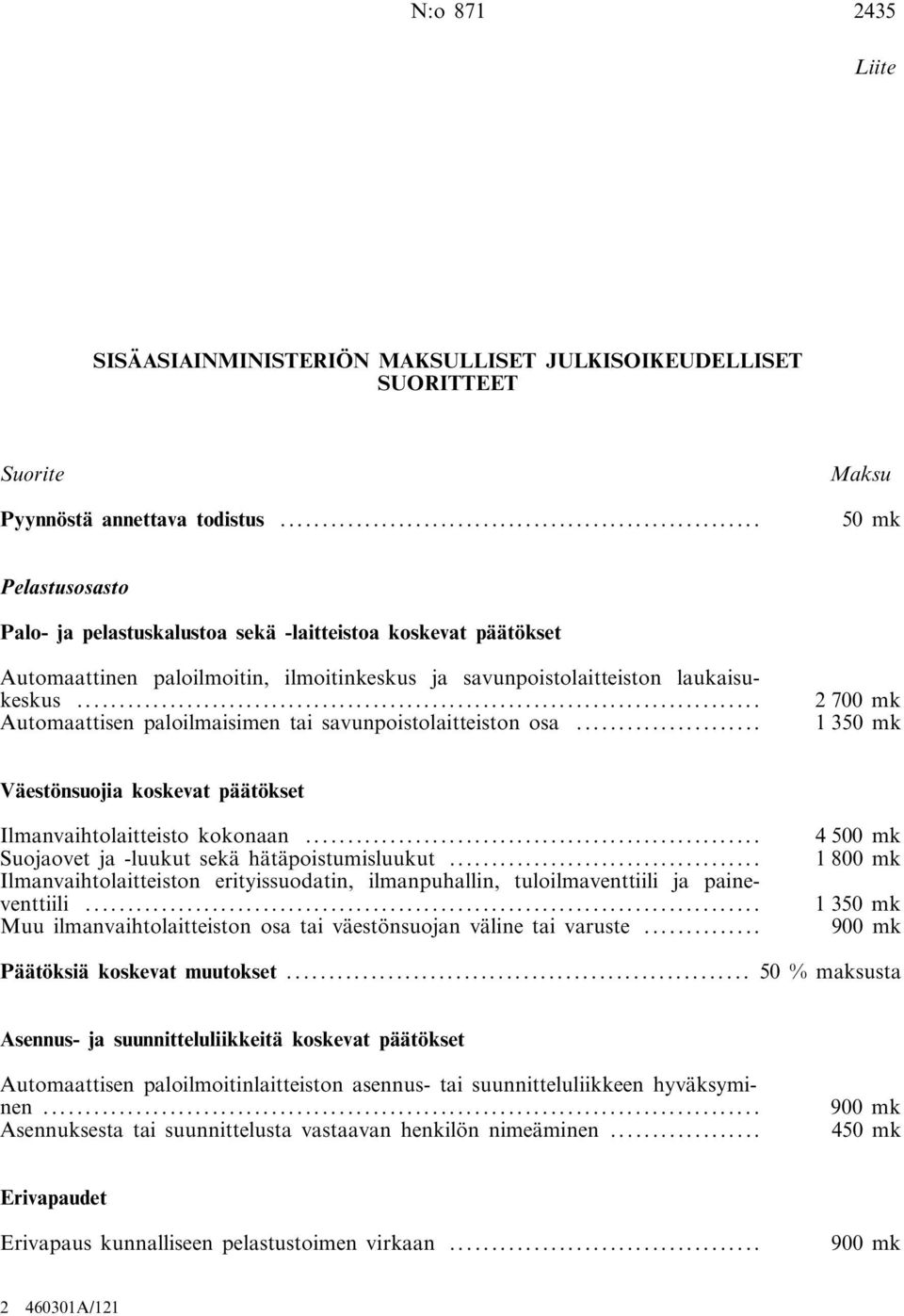 .. 2700 mk Automaattisen paloilmaisimen tai savunpoistolaitteiston osa... 1 350 mk Väestönsuojia koskevat päätökset Ilmanvaihtolaitteisto kokonaan.