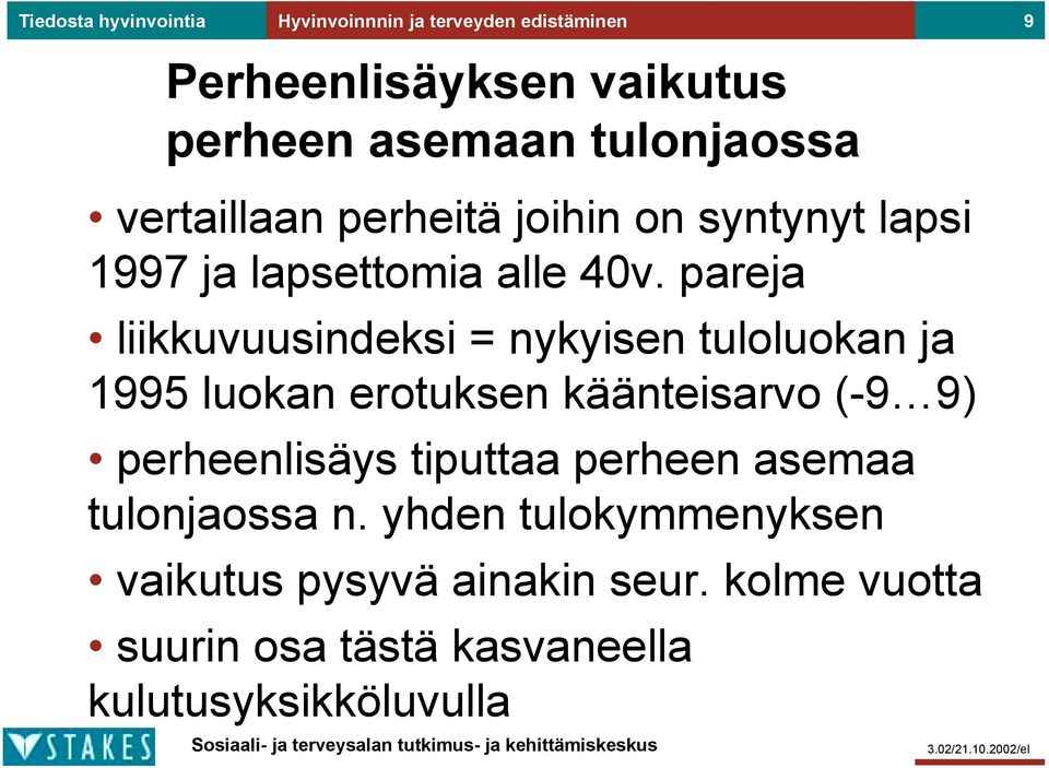 pareja liikkuvuusindeksi = nykyisen tuloluokan ja 1995 luokan erotuksen käänteisarvo (-9 9) perheenlisäys