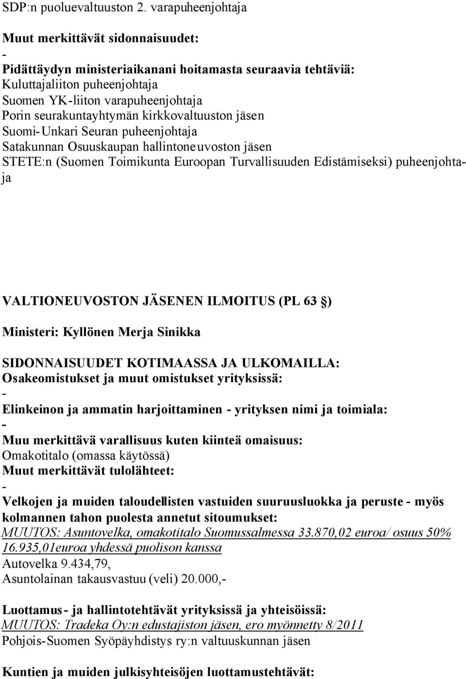 hallintoneuvoston jäsen STETE:n (Suomen Toimikunta Euroopan Turvallisuuden Edistämiseksi) puheenjohtaja Ministeri: Kyllönen Merja Sinikka Elinkeinon ja ammatin harjoittaminen yrityksen nimi ja