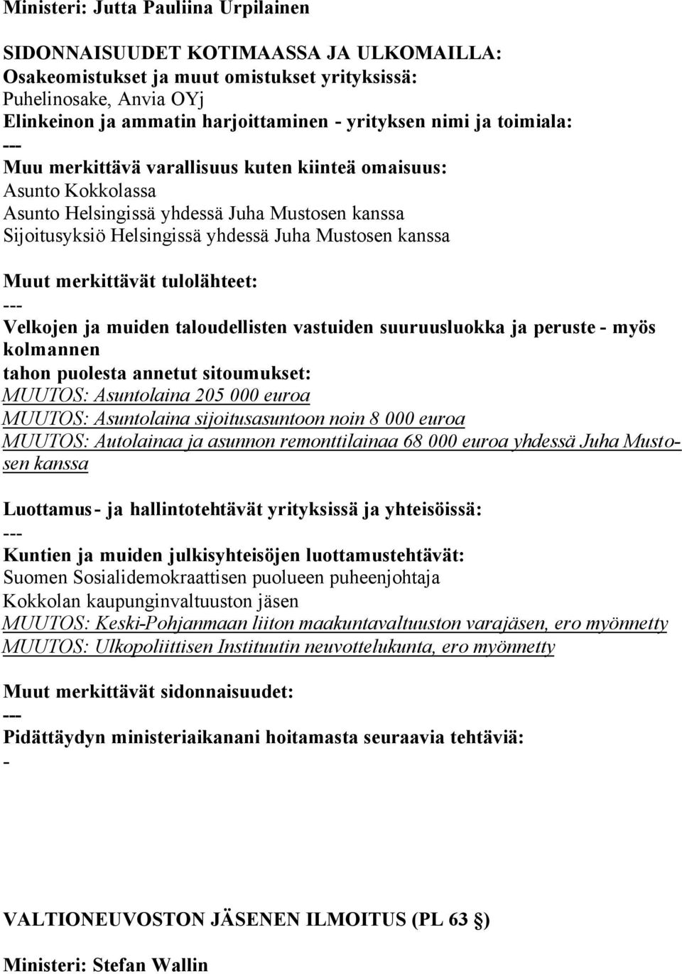 sijoitusasuntoon noin 8 000 euroa MUUTOS: Autolainaa ja asunnon remonttilainaa 68 000 euroa yhdessä Juha Mustosen kanssa Luottamus ja hallintotehtävät yrityksissä ja yhteisöissä: Suomen