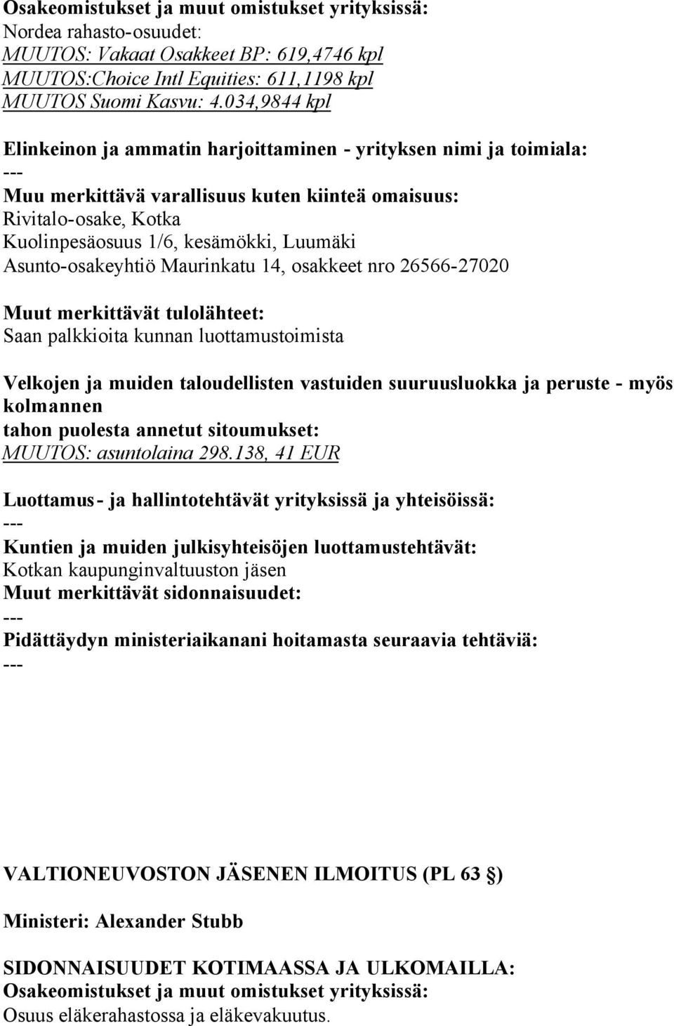 Maurinkatu 14, osakkeet nro 2656627020 Saan palkkioita kunnan luottamustoimista Velkojen ja muiden taloudellisten vastuiden suuruusluokka ja peruste myös