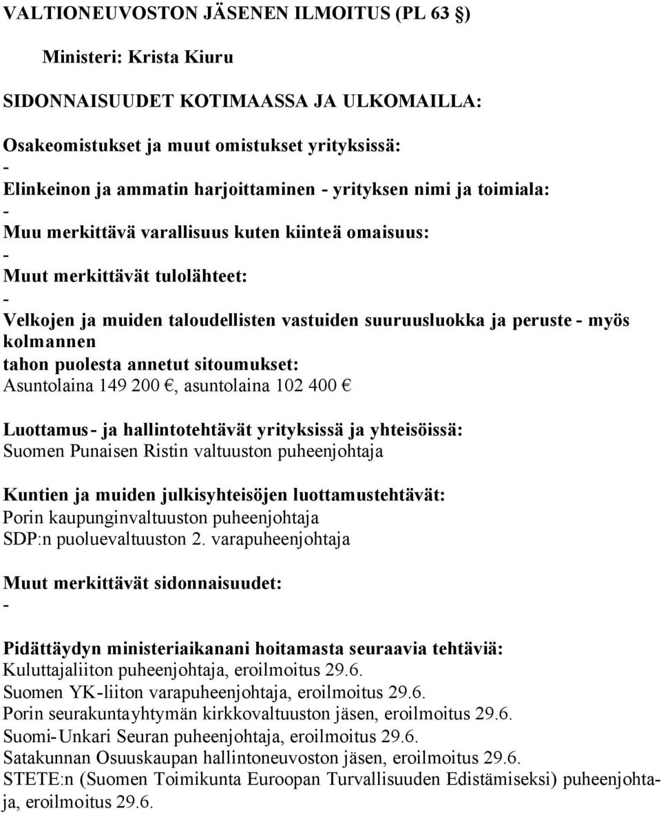 varapuheenjohtaja Kuluttajaliiton puheenjohtaja, eroilmoitus 29.6. Suomen YKliiton varapuheenjohtaja, eroilmoitus 29.6. Porin seurakuntayhtymän kirkkovaltuuston jäsen, eroilmoitus 29.6. SuomiUnkari Seuran puheenjohtaja, eroilmoitus 29.