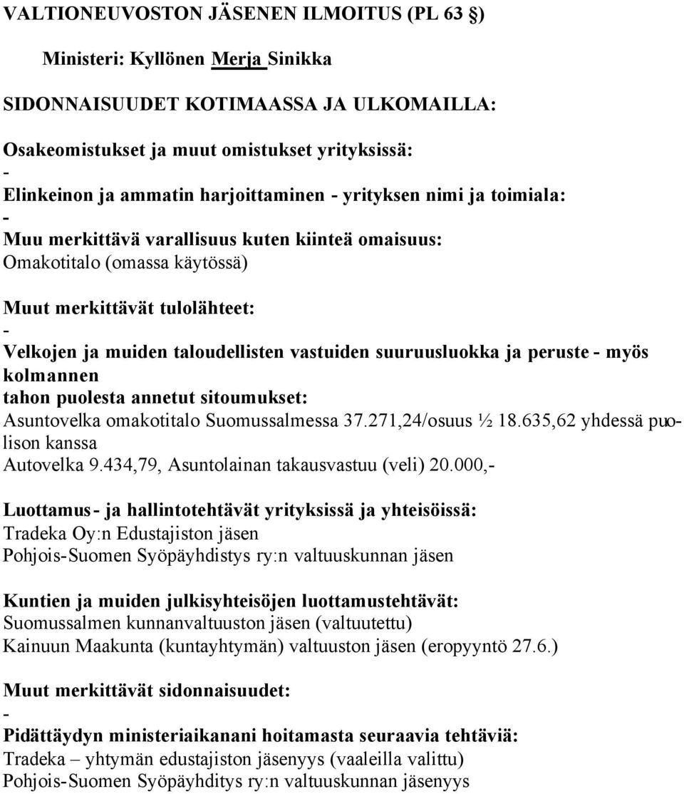 000, Luottamus ja hallintotehtävät yrityksissä ja yhteisöissä: Tradeka Oy:n Edustajiston jäsen PohjoisSuomen Syöpäyhdistys ry:n valtuuskunnan jäsen Suomussalmen kunnanvaltuuston