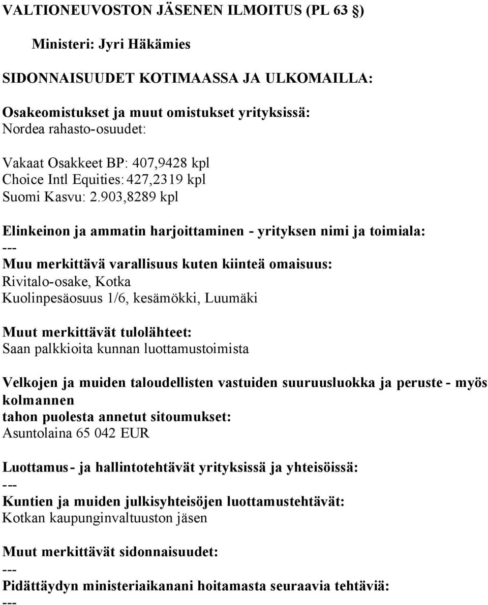 903,8289 kpl Elinkeinon ja ammatin harjoittaminen yrityksen nimi ja toimiala: Rivitaloosake, Kotka Kuolinpesäosuus 1/6,