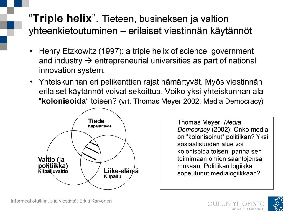 universities as part of national innovation system. Yhteiskunnan eri pelikenttien rajat hämärtyvät. Myös viestinnän erilaiset käytännöt voivat sekoittua.