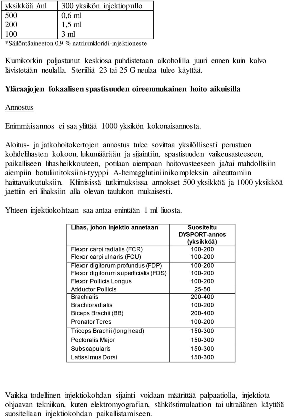 Yläraajojen fokaalisen spastisuuden oireenmukainen hoito aikuisilla Annostus Enimmäisannos ei saa ylittää 1000 yksikön kokonaisannosta.