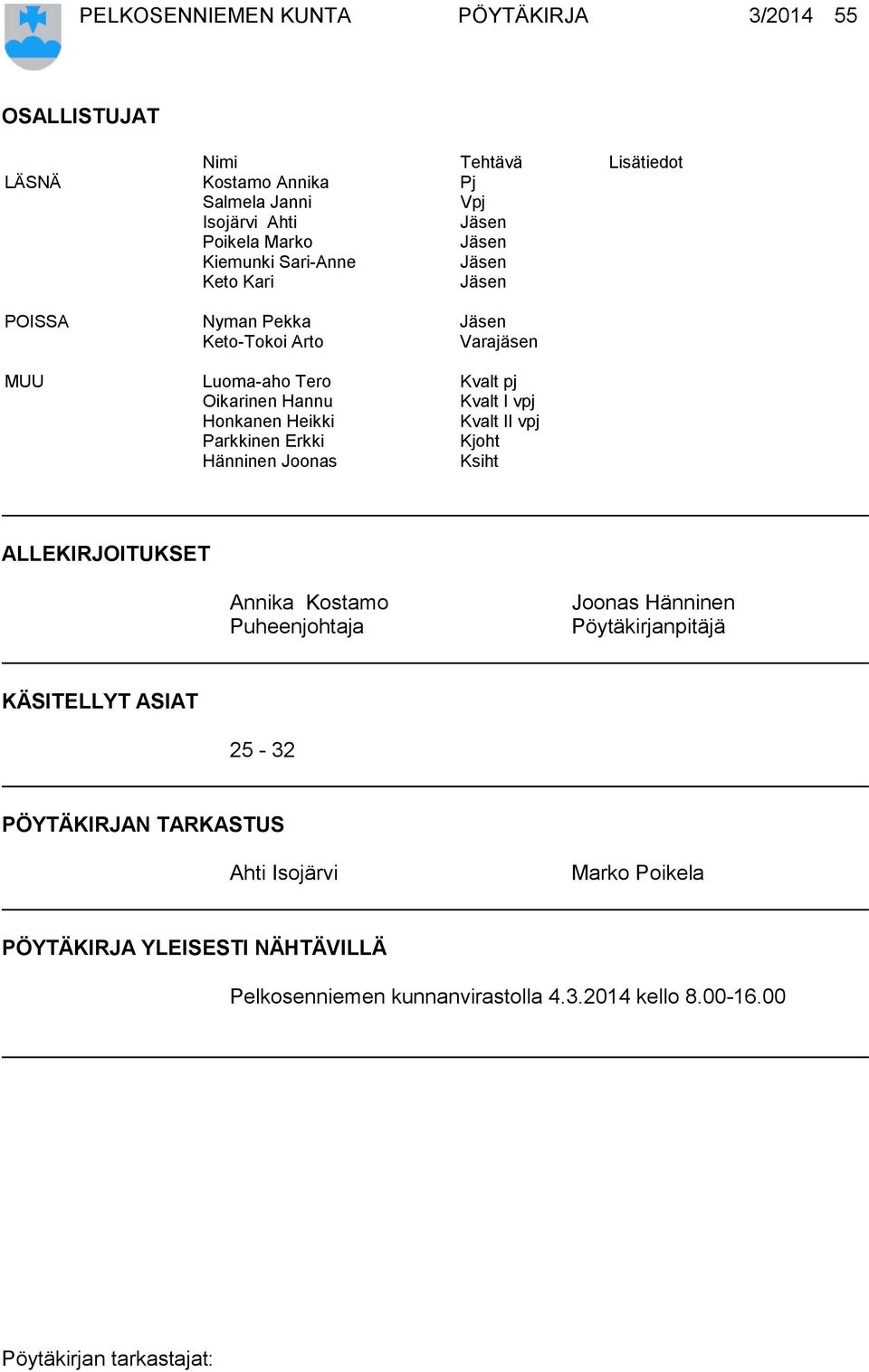 Honkanen Heikki Kvalt II vpj Parkkinen Erkki Kjoht Hänninen Joonas Ksiht ALLEKIRJOITUKSET Annika Kostamo Puheenjohtaja Joonas Hänninen Pöytäkirjanpitäjä