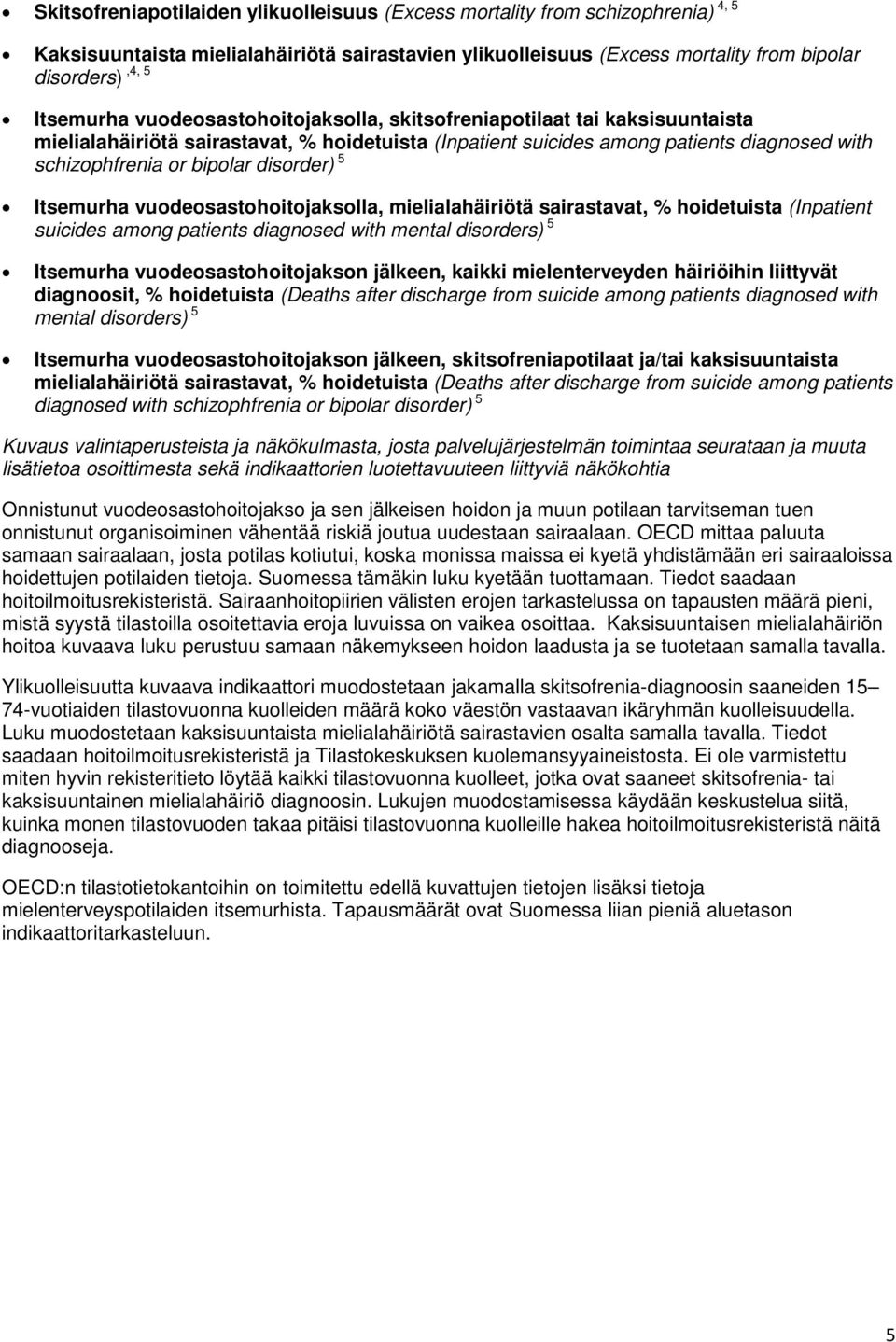 Itsemurha vuodeosastohoitojaksolla, mielialahäiriötä sairastavat, % hoidetuista (Inpatient suicides among patients diagnosed with mental disorders) 5 Itsemurha vuodeosastohoitojakson jälkeen, kaikki