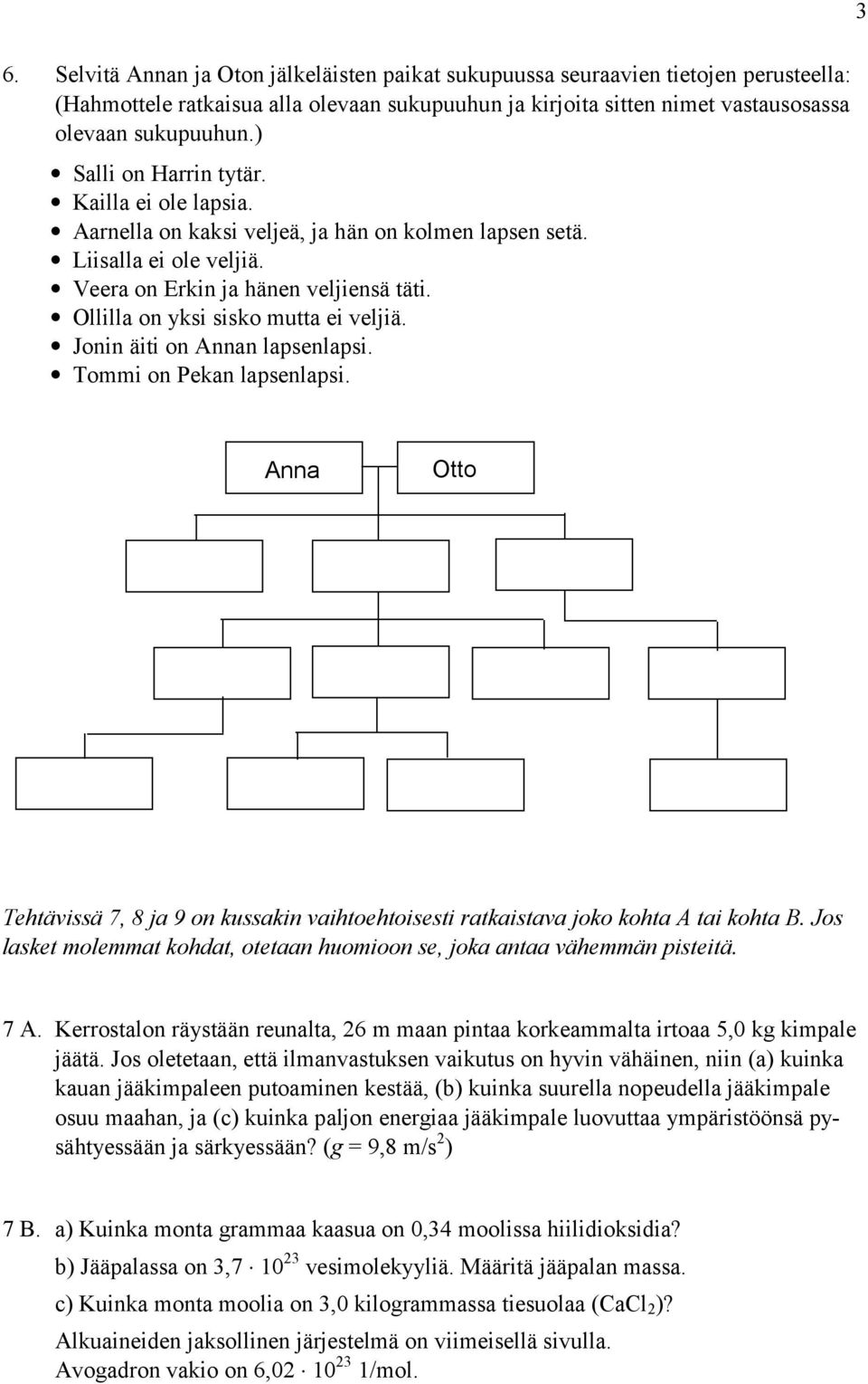 Ollilla on yksi sisko mutta ei veljiä. Jonin äiti on Annan lapsenlapsi. Tommi on Pekan lapsenlapsi. 3 Anna Otto Tehtävissä 7, 8 ja 9 on kussakin vaihtoehtoisesti ratkaistava joko kohta A tai kohta B.