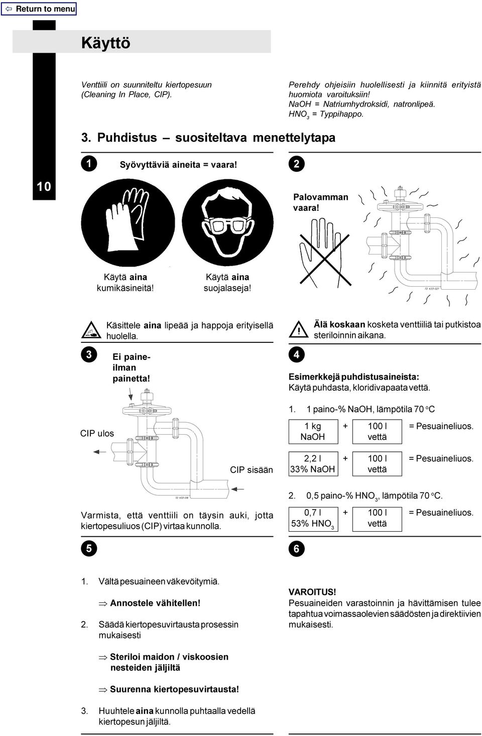 3 Käsittele aina lipeää ja happoja erityisellä huolella. Ei paineilman painetta! 4 Älä koskaan kosketa venttiiliä tai putkistoa steriloinnin aikana.