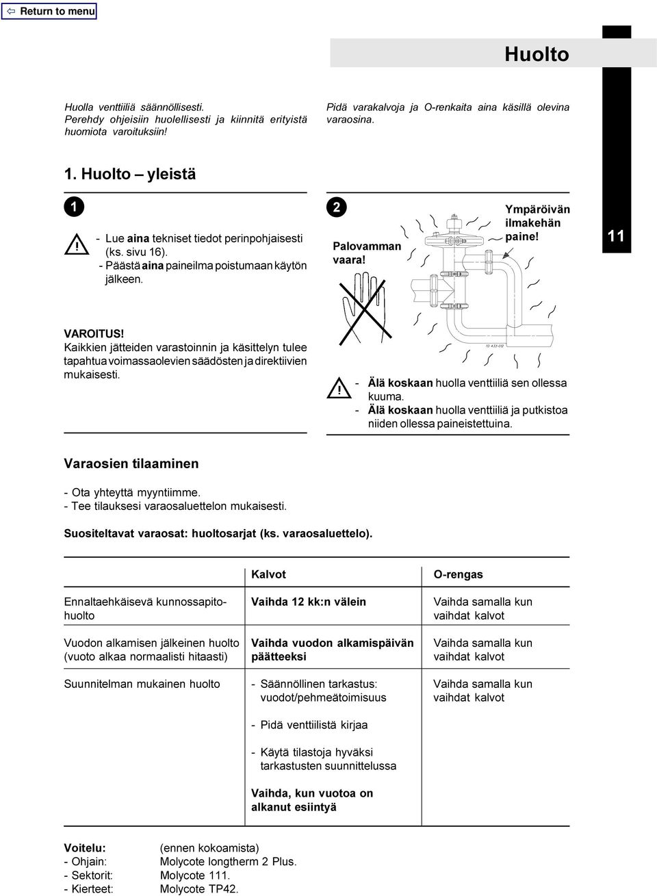 Kaikkien jätteiden varastoinnin ja käsittelyn tulee tapahtua voimassaolevien säädösten ja direktiivien mukaisesti. - Älä koskaan huolla venttiiliä sen ollessa kuuma.