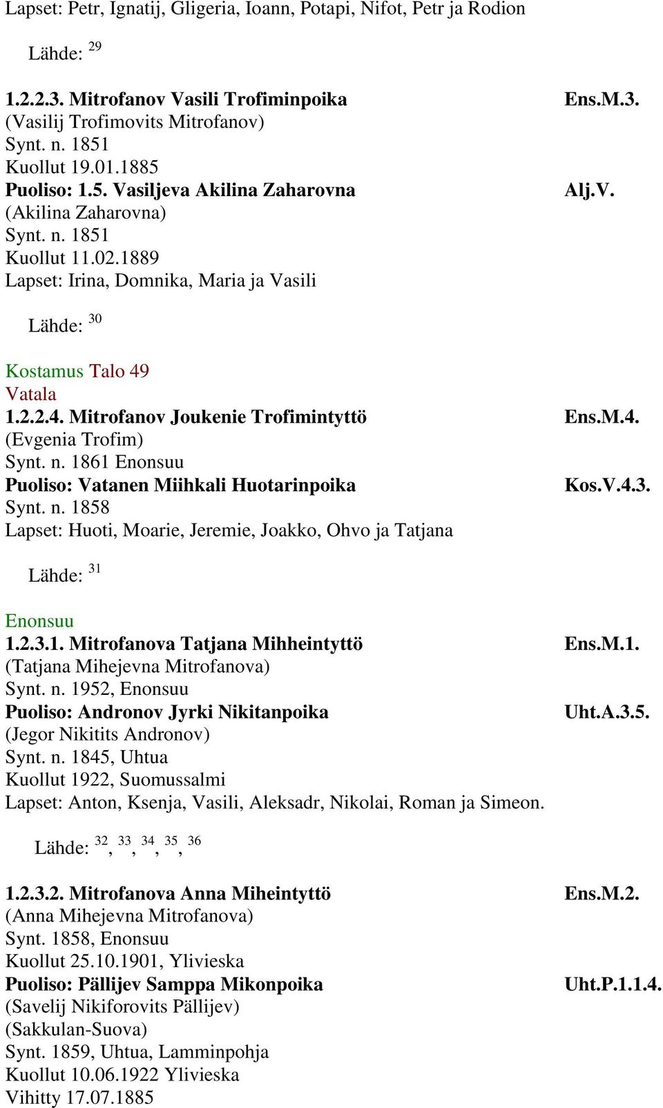 Vatala 1.2.2.4. Mitrofanov Joukenie Trofimintyttö Ens.M.4. (Evgenia Trofim) Synt. n. 1861 Enonsuu Puoliso: Vatanen Miihkali Huotarinpoika Kos.V.4.3. Synt. n. 1858 Lapset: Huoti, Moarie, Jeremie, Joakko, Ohvo ja Tatjana Lähde: 31 Enonsuu 1.