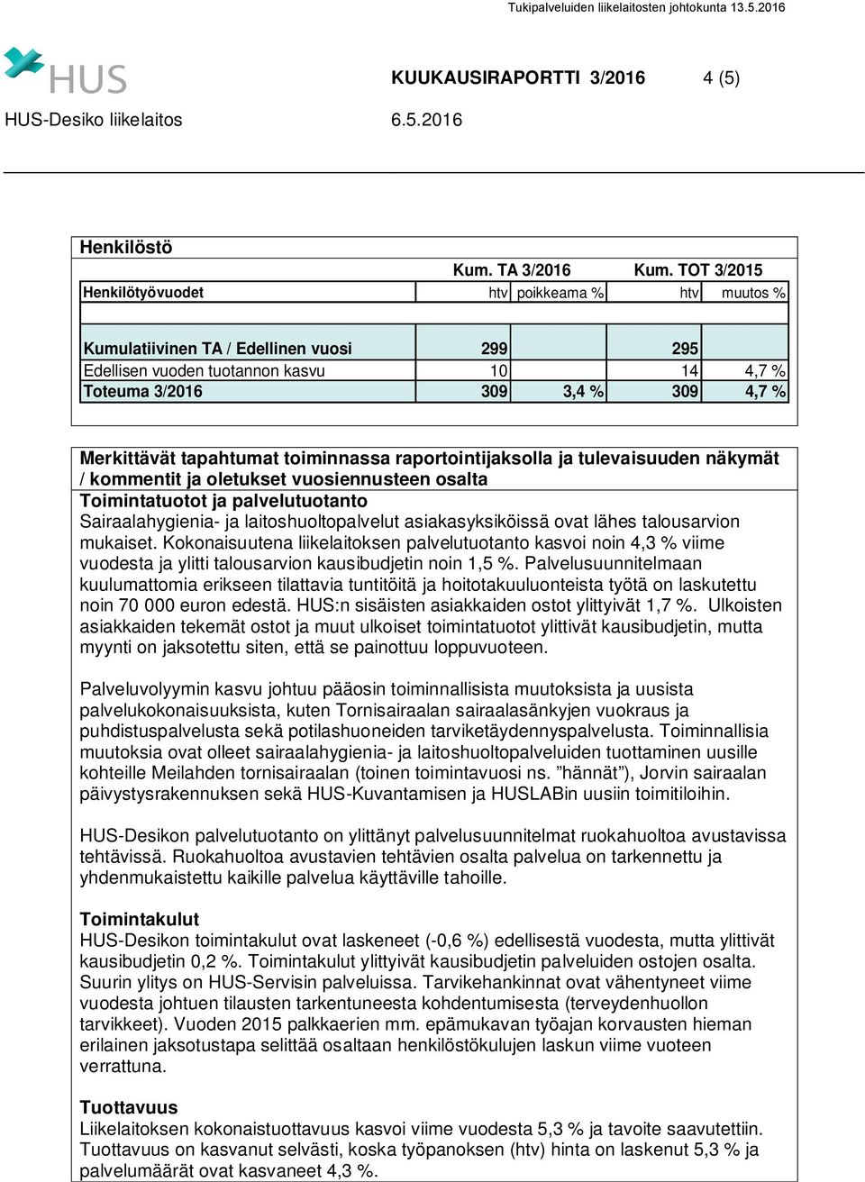 laitoshuoltopalvelut asiakasyksiköissä ovat lähes talousarvion mukaiset. Kokonaisuutena liikelaitoksen palvelutuotanto kasvoi noin 4,3 % viime vuodesta ja ylitti talousarvion kausibudjetin noin 1,5 %.