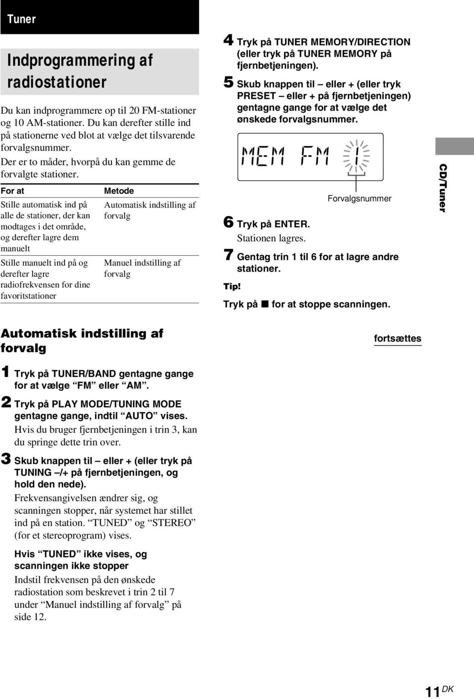 For at Stille automatisk ind på alle de stationer, der kan modtages i det område, og derefter lagre dem manuelt Stille manuelt ind på og derefter lagre radiofrekvensen for dine favoritstationer