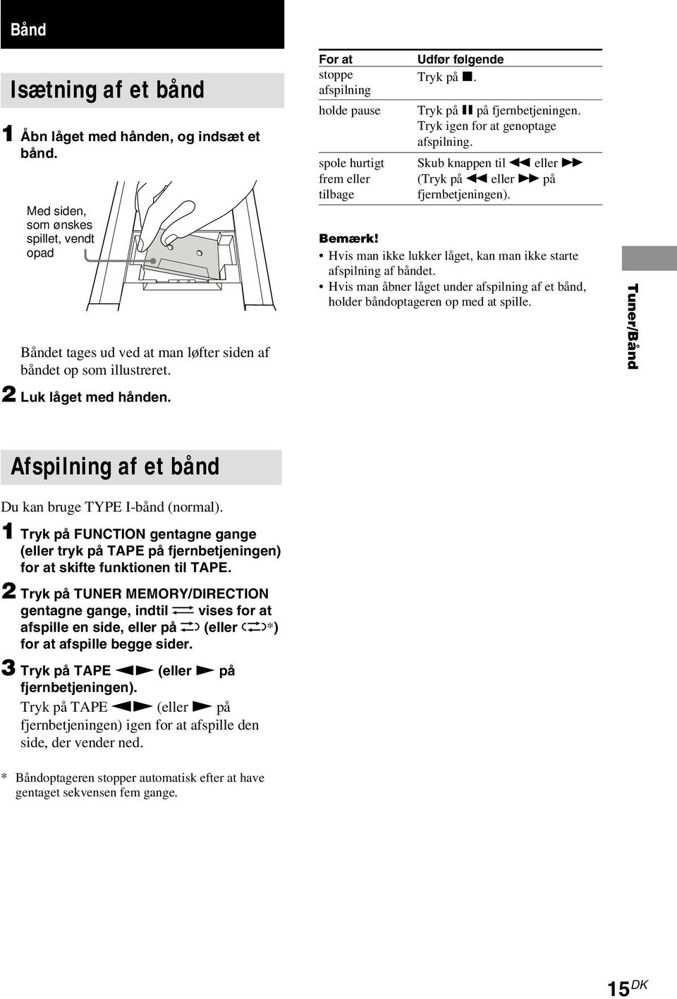 Tryk igen for at genoptage afspilning. Skub knappen til m eller M (Tryk på m eller M på fjernbetjeningen). Bemærk! Hvis man ikke lukker låget, kan man ikke starte afspilning af båndet.