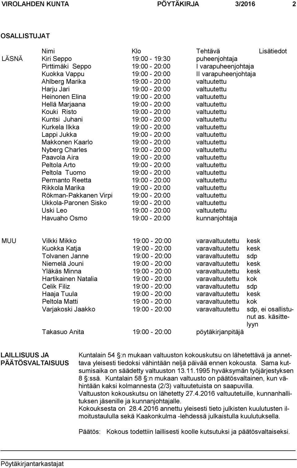 valtuutettu Kuntsi Juhani 19:00-20:00 valtuutettu Kurkela Ilkka 19:00-20:00 valtuutettu Lappi Jukka 19:00-20:00 valtuutettu Makkonen Kaarlo 19:00-20:00 valtuutettu Nyberg Charles 19:00-20:00