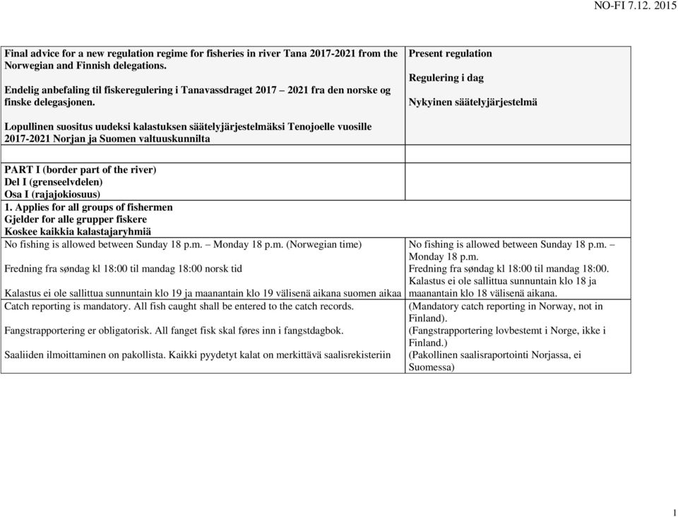 Present regulation Regulering i dag Nykyinen säätelyjärjestelmä Lopullinen suositus uudeksi kalastuksen säätelyjärjestelmäksi Tenojoelle vuosille 2017-2021 Norjan ja Suomen valtuuskunnilta PART I